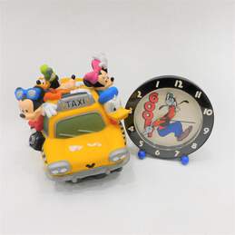 Disney Mickey Mouse And Friends Duck Cab Co Taxi Coin Bank W/ Goofy Desk Clock Fab 5