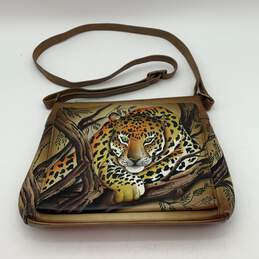 Womens Beige Leather Pockets Leopard Print Adjustable Strap Crossbody Bag