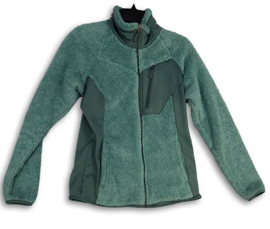 Womens Green Mock Neck Pockets Long Sleeve Full-Zip Jacket Size Medium image number 1