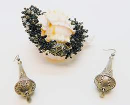Artisan 925 Bali Style Circles & Granulated Cone Orb & Teardrop Drop Earrings & Black Crystal Star & Stamped Beaded Toggle Bracelet 56.7g