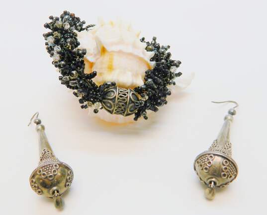 Artisan 925 Bali Style Circles & Granulated Cone Orb & Teardrop Drop Earrings & Black Crystal Star & Stamped Beaded Toggle Bracelet 56.7g image number 1