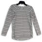 Womens Black White Striped Round Neck Long Sleeve Pullover T-Shirt Size 4 image number 2