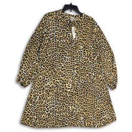 NWT Womens Brown Cheetah Print Long Sleeve Tie Neck Shift Dress Size 14