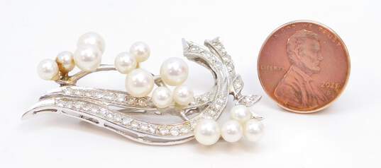 Vintage 14K White Gold 1.20 CTTW Old Cut Diamond & Pearl Brooch 9.5g image number 5