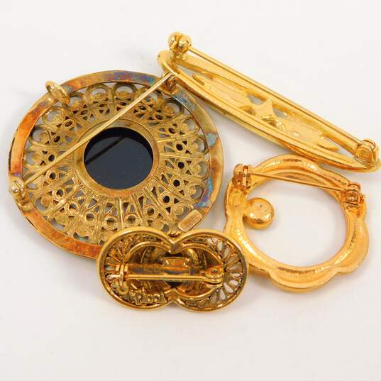 VNTG Art Nouveau Style Gold Tone & Gold Filled Onyx, Glass & Rhinestone Brooch Lot image number 9