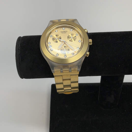 Designer Swatch Swiss Gold-Tone Chronograph Round Dial Analog Wristwatch image number 1