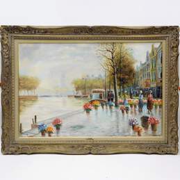 Artist Signed Flower Market Street Scene Painting Large Ornate Frame 44x32