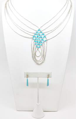 Southwestern 925 Turquoise Multi Strand Liquid Silver Necklace & Earrings 43.3g