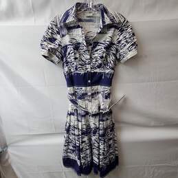 Kay Unger Blue & White Leaf Print Belted Pleated Dress Size 6