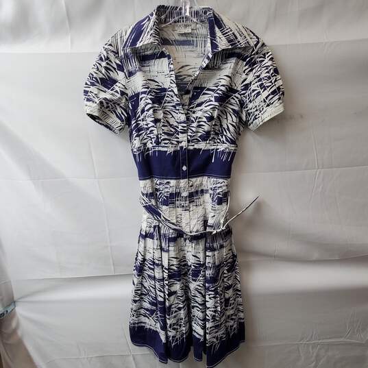 Kay Unger Blue & White Leaf Print Belted Pleated Dress Size 6 image number 1