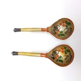 Vintage Russian Khokhloma Gold + Red Painted Wooden Spoon Set of 2