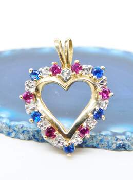 10K Yellow Gold Ruby Sapphire Diamond Accent Open Heart Pendant 2.8g