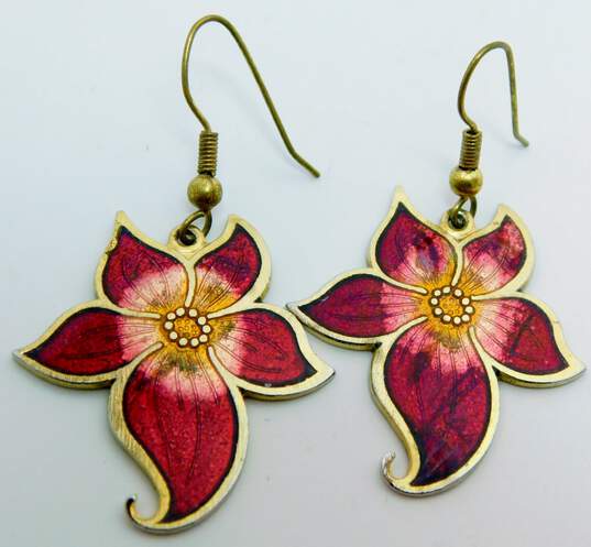 2 Pairs - Gold Tone Iris & Lily Cloisonné Drop Earrings image number 4