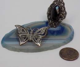 Art Deco Style 925 Marcasite Onyx Ring & Butterfly Brooch 13.8g alternative image