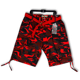 NWT Mens Red Black Camouflage Belted Pockets Bermuda Shorts Size 40