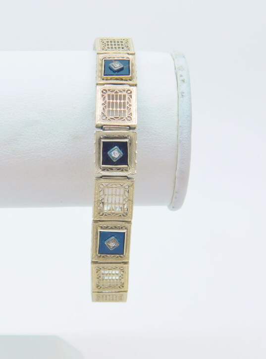 Art Deco 14k White Gold Onyx Diamond Accent Panel Bracelet 12.4g image number 1