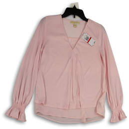 NWT Womens Pink V-Neck Long Sleeve Classic Fit Pullover Blouse Top Size XS