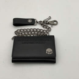 Mens Black Leather Card Slots Detachable Chain Strap Trifold Wallet