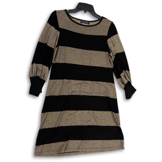 NWT Womens Black Gold Striped Long Sleeve Round Neck Shift Dress Size M image number 1