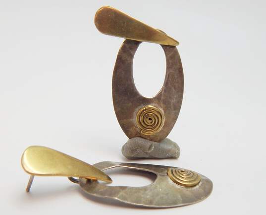 Vintage Taxco Sterling Silver Brass Buckle Bracelet & Mexican Modernist Earrings 25.3g image number 4