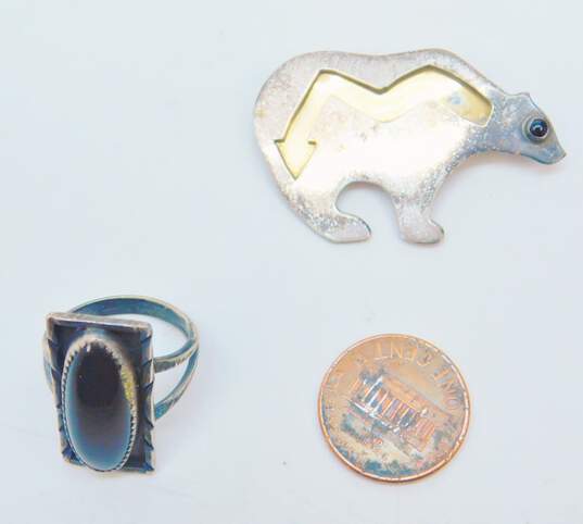 Southwestern Sterling Silver Onyx Bear Brooch & Ring 11.1g image number 6