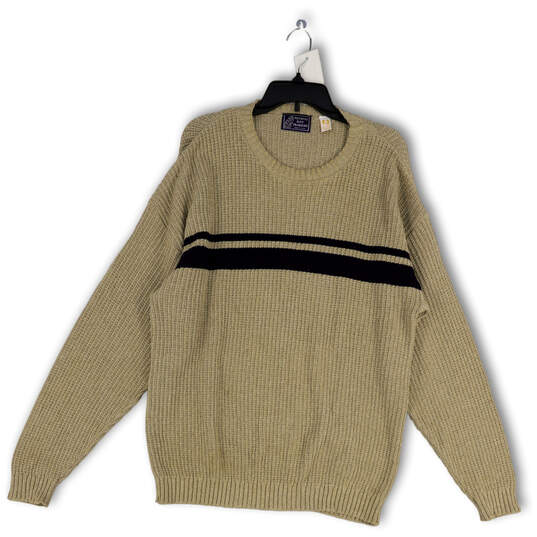 Mens Tan Striped Knitted Crew Neck Long Sleeve Pullover Sweater Size L image number 1