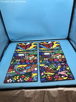 Romero Britto Placemats Set Of 6 Cork Back Pop Art Hearts Butterfly Flowers