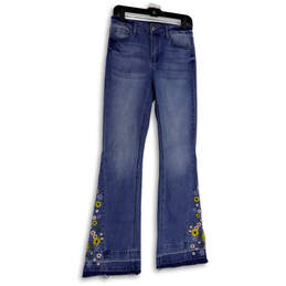 Womens Blue Denim Medium Wash Pockets Embroidered Bootcut Leg Jeans Size 5