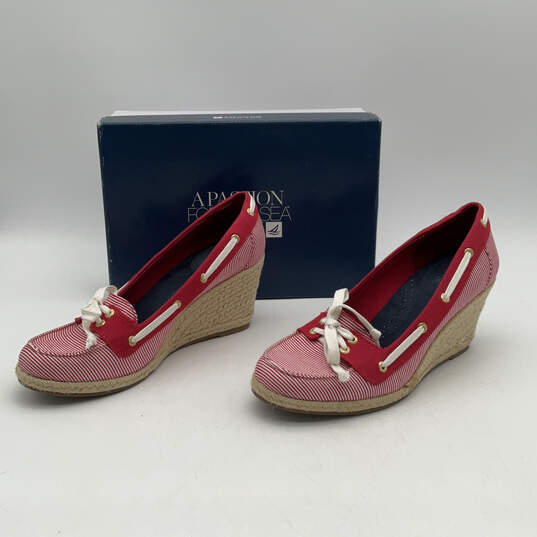 NIB Womens Red Striped Moc Toe Wedge Heel Espadrille Shoes Size 9.5 M image number 3