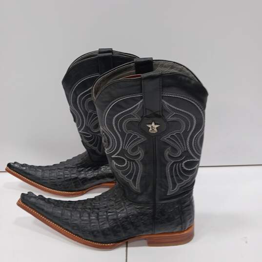 Los Altos Boots Black Leather Faux Crocodile Caiman Cowboy Western Pointed Toe Boots Size 9 (Heel to toe 14.5") image number 2