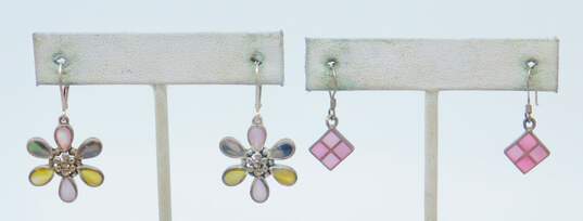 Romantic 925 Pink & Yellow Mother of Pearl Flower & Square Drop Earrings & Shell Tapered Band Ring 16.2g image number 2