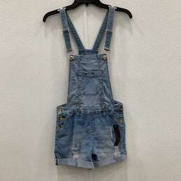 NWT Bebe Womens Blue Denim Cuffed Distressed One-Piece Shortalls Overall Size 26
