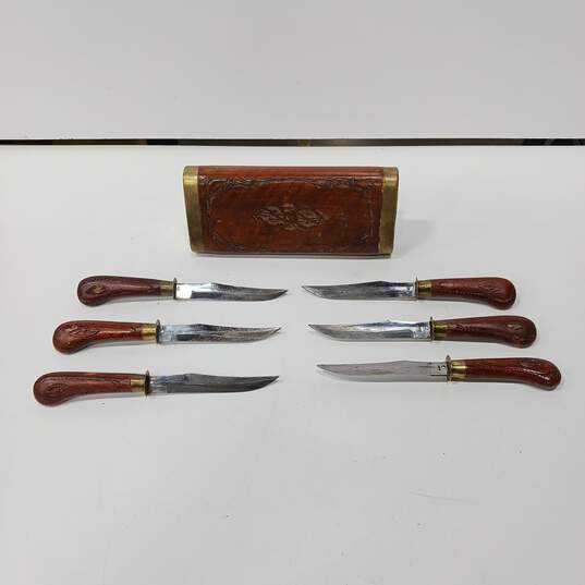 Antique Knife Set of 6 In Wooden Sheath Case image number 3
