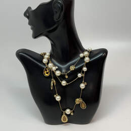 Designer Betsey Johnson Gold-Tone White Pearl Multi Strand Chain Necklace