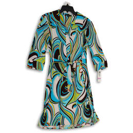 NWT Womens Multicolor Spread Collar 3/4 Sleeve Tie Waist A-Line Dress Sz XL