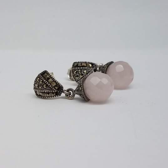 Sterling Silver Faceted Rose Quartz Marcasite Post Earring Jewelry Bundle 2pcs 12.5g image number 2