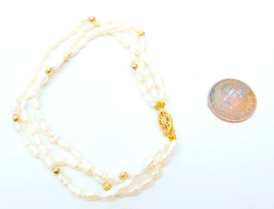 14K Gold Clasp & Ball & White Freshwater Pearl Beaded Multi Strand Bracelet 6.8g image number 6