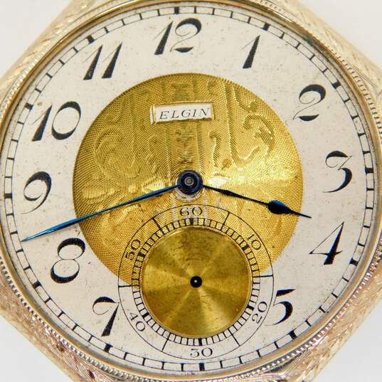 Vintage Elgin 14K White Gold Etched Open Face Pocket Watch 52.1g image number 7