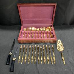 Vintage Avon Rose Gold Plated Flatware Set in Wooden Chest