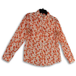 Womens White Orange Floral Long Sleeve Pockets Button-Up Shirt Size M