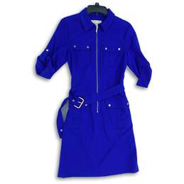 Michael Kors Womens Blue Front Zip Roll Tab Sleeve Belted Waist Sheath Dress M