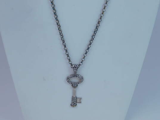 Chuck Clemency ATR 925 & 14K Gold Accented Scrolled & Granulated Skeleton Key Pendant Rolo Chain Necklace 12.1g image number 3