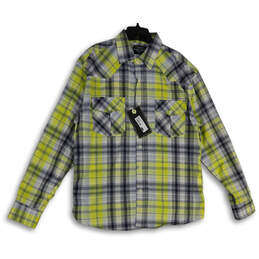 NWT Mens Blue Yellow Plaid Spread Collar Flap Pocket Button-Up Shirt Sz L