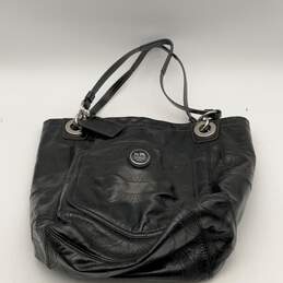 Coach Womens Black Leather Double Handle Outer Pocket Logo Charm Tote Handbag
