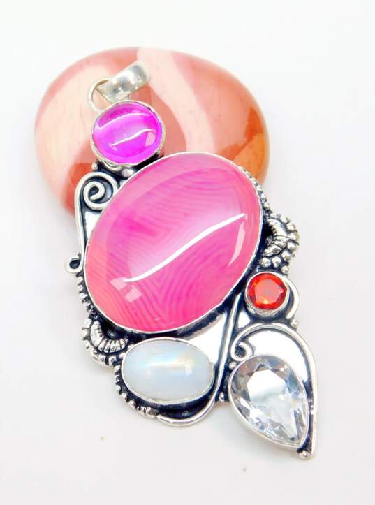 Artisan Silver Tone Rhodonite Agate Rainbow Calsilica Moonstone Colorful Glass Statement Pendants 76.3g image number 3