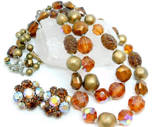 Vintage Laguna Brown & Amber Color Beaded Double Strand Necklace & Fashion Aurora Borealis Clip-On Earrings 63.1g image number 4
