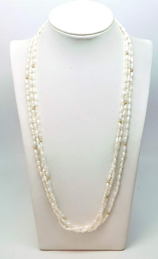 Romantic 14K Yellow Gold Clasp & Beaded Pearl Multi Strand Necklace 30.7g image number 1