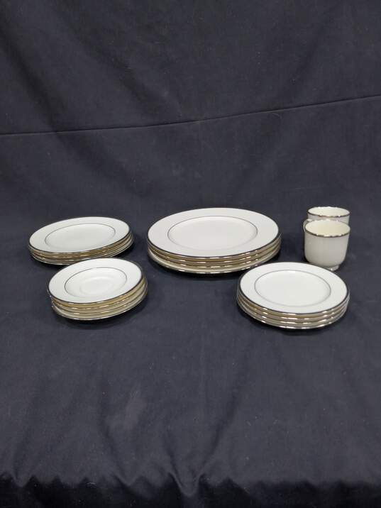 Noritake Bone China 18pc White w/ Silver Tone Trim Plates & Cups Bundle image number 1