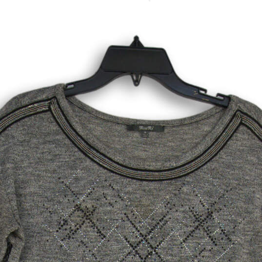 Womens Gray Knitted Round Neck 3/4 Sleeve High Low Pullover Sweater Size M image number 3
