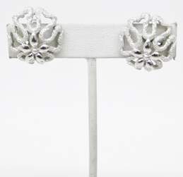 Vintage Crown Trifari Silver Tone Floral Earrings & Basket Weave Brooch 24.7g alternative image